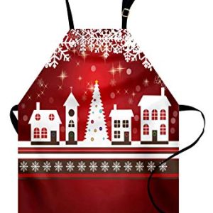 ABAKUHAUS Navidad Delantal de Cocina Tema Festividad de Invierno Casa de Galleta de Jengibre Arboles Copos de Nieve Apto para Lavadora Colores No Destinen Resistentes al Agua Blanco 0